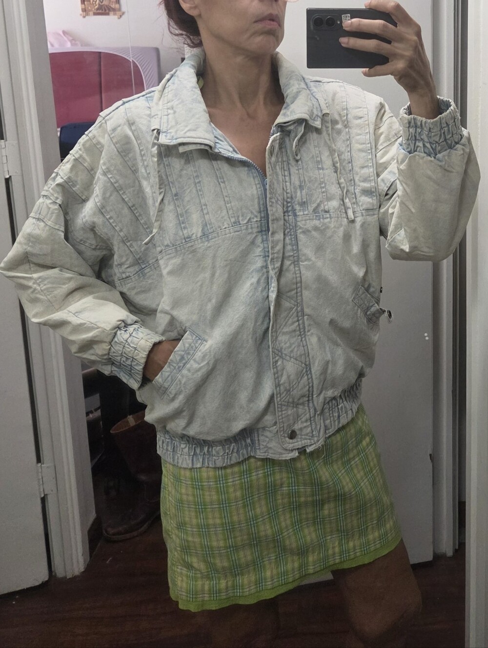 vtg 80s acid wash denim bomber Quilted jacket